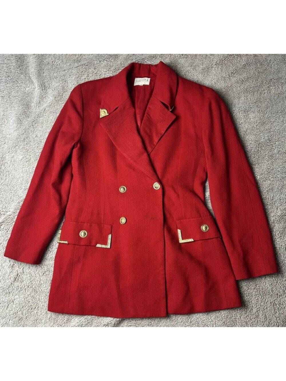 VTG Alberto Makali Red Power Blazer Jacket Gold Greek Key Lion Sunburst Size 14 - Picture 4 of 14